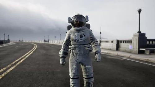 Astronaut in Space Suit on the Road Bridge