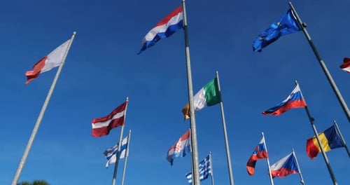 International Flags Waving Against a Bright Blue Sky