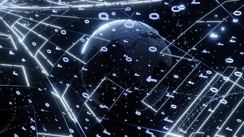 Futuristic Digital Globe with Binary Code Network Animation