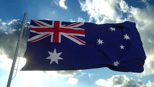 Realistic Australian Flag Waving in Blue Sky with Clouds