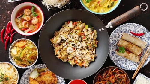 Asian Oriental Food Composition in Colorful Dishware
