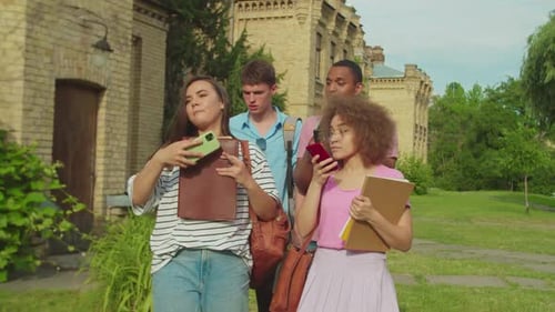 Students Taking Selfie Together on College Campus Lawn