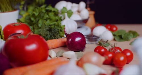 Close Up of Various Vegetables on Table Rotating