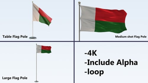 Madagascar Flag Waving on Flagpoles with Alpha Channel