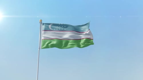 Uzbekistan National Flag Waving in Clear Blue Sky