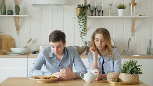 Sad Couple Girl Guy Have Breakfast Drinking Tea Silently