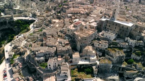 Aerial View of Flying Over Church of Ancient City of Matera, Italy, Apulia