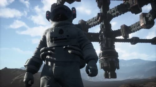 Astronaut Standing on Alien Planet with Futuristic Space Station
