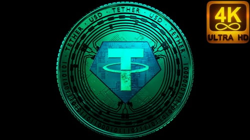 4K Animated Art 3D Render Loop Tether Stablecoin Digital Coin Logo Futuristic Alpha channel