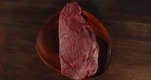 Raw Steak on Plate Overhead Close Up