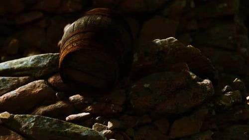 Old Wooden Barrel Resting on Rocks Close-Up