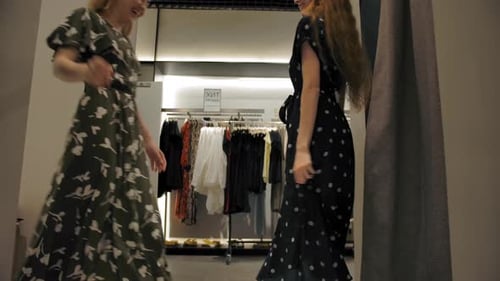 Duas garotas experimentaram vestidos novos no provador