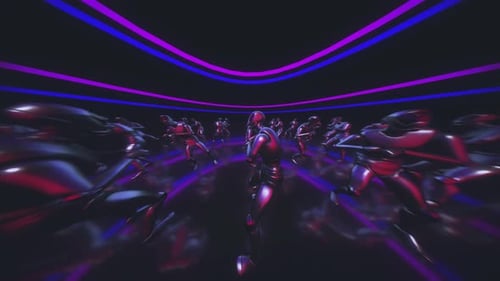 Futuristic Metallic Dancers in Cyberpunk Neon Tunnel Animation