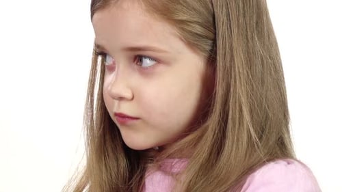 Child Sighs Heavily, She Is Tired. White Background