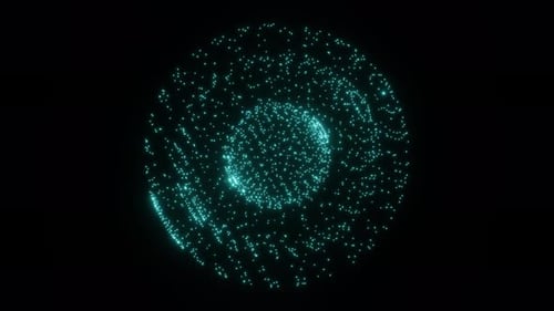 Esferas 3D abstractas, una dentro de la otra, hechas de puntos azules o puntos como un holograma que giran aleatoriamente