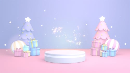 Animated Christmas Pastel Podium Display with Gifts and Sparkling Stars