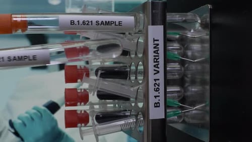 B.1.621 Proben des Reagenzglases werden in das Gestell gelegt. Vertikales Video, gesperrt