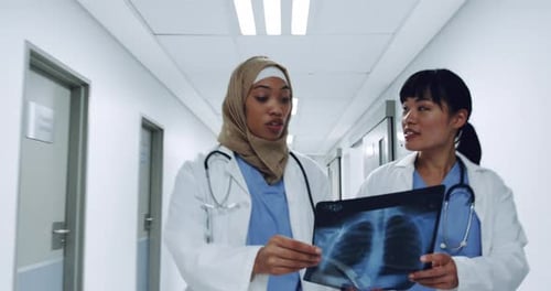 Doctors Examine X-Ray in Hospital Hallway