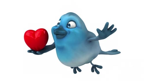 Cute Blue Bird Holding Red Heart Love Animation