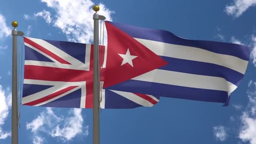 United Kingdom and Cuba Flags Waving Against Blue Sky