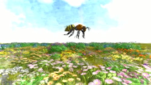 Artistic Painted Bee Flying Over Wildflower Meadow