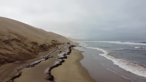 Drone shot of the beautiful shore of Atlantic ocean in Namibia, Sandwich Harbour