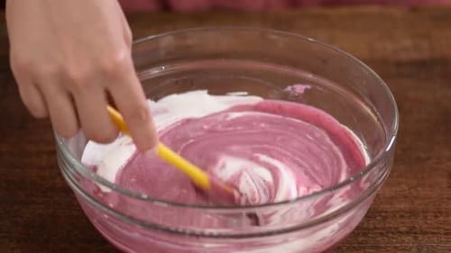 Pink Mixture Preparation With Spatula Close Up
