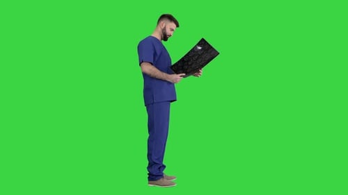 Doctor Having a Look at Mri Brain Scan on a Green Screen, Chroma Key.