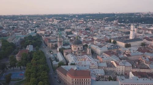 Aerial City Lviv, Ukraine. European City. Popular Areas of the City. Town Hall