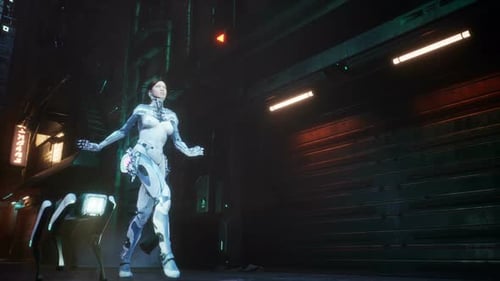 Cyber-Girl On A Neon Rainy Street