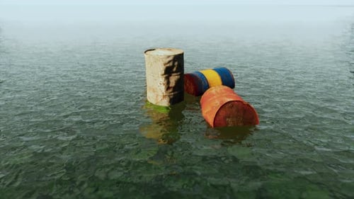 Industrial Barrels Thrown Into the Lake for Garbage and Make a Pollution
