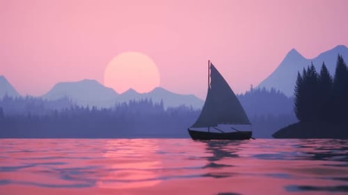Zeitraffer mit Fischerbooten während des Sonnenuntergangs. Rosafarbener Himmel und große Sonne im Hintergrund