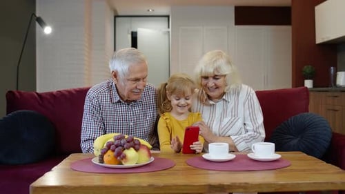 Girl Using Smartphone with Grandparents at Home