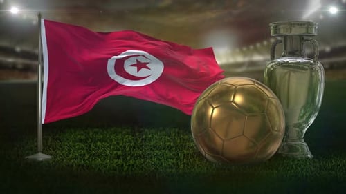 Tunisian Flag Waving with Golden Soccer Ball and Silver Trophy