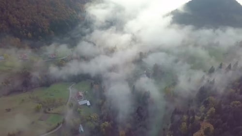 Aerial View of Misty Rural Landscape with Forests