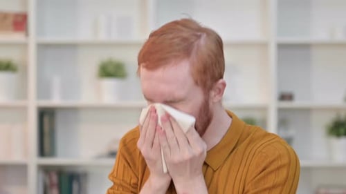 Portrait of Sick Redhead Man Sneezing
