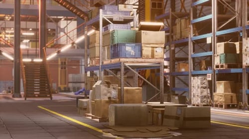 Modern Warehouse Shelves with Pile of Cardboard Boxes