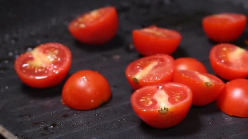 Fresh Halved Red Tomatoes Cooking Preparation Close Up