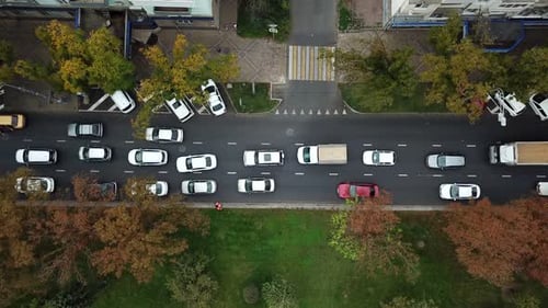 Drone Point of View: Aerial City Traffic, Top Down View of Freeway Busy City Rush Hour Traffic Jam