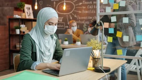 Muslim Businesswoman Wearing Face Mask Using Laptop Then Talking to Male Colleague in Office