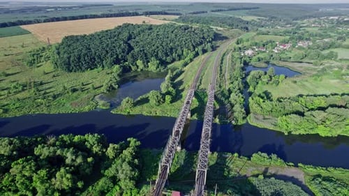 Double Track of Railway in Train Bridge View From Above