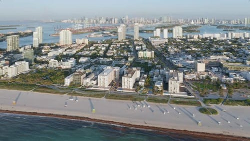 Aerial View on Wide Clean Beach with White Sand, Miami South Beach at Sunrise