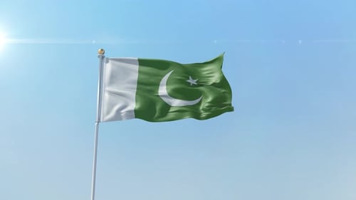 Waving Pakistan National Flag Against Blue Sky