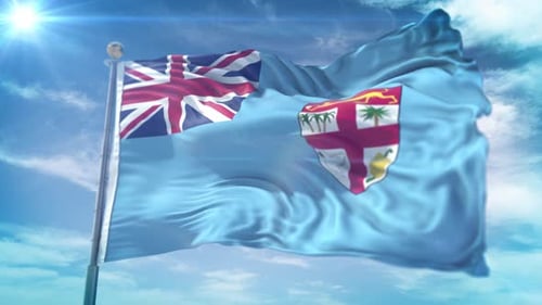 Realistic 3D Render of Fiji Flag Waving in Sunny Sky