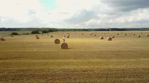 Child On A Field Against Straw. Happy child on a field with bales harvest
