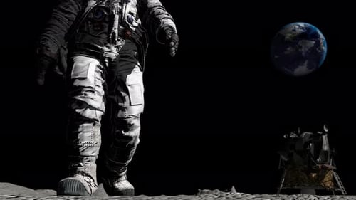 Astronaut Walking on Moon Surface with Earth in Background