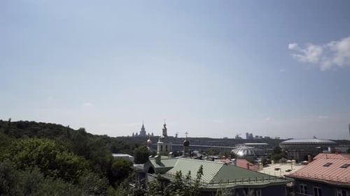 Beautiful cityscape of Moscow on blue sky background