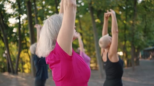 Close Up Portrait of Active Seniors Women Practicing Stretching Exercises Outdoor Tracking Shot