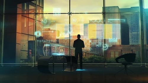 Silhouette Of A Businessman On The Background Of Stock Infographics 4K