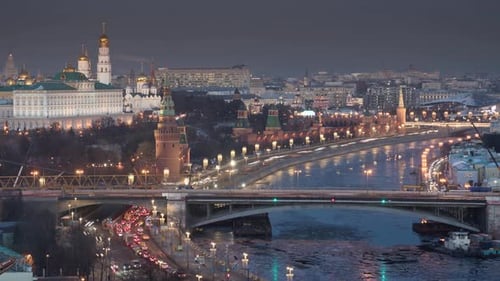 Frosty evening in Moscow, beautiful view of the Kremlin
